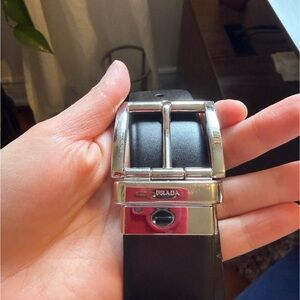 Prada Men's Black Leather Belt with Polished Silver Buckle 38 inch